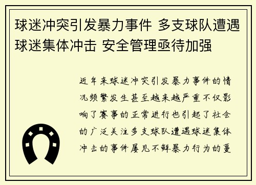球迷冲突引发暴力事件 多支球队遭遇球迷集体冲击 安全管理亟待加强