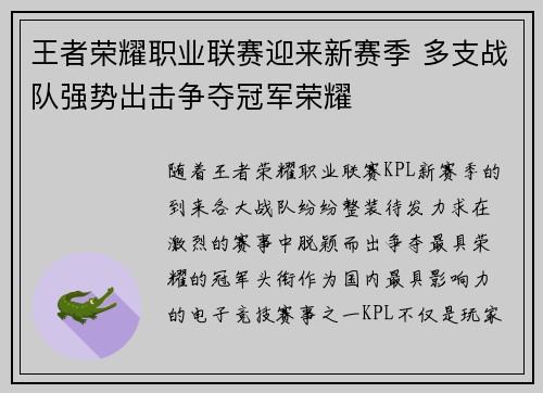王者荣耀职业联赛迎来新赛季 多支战队强势出击争夺冠军荣耀