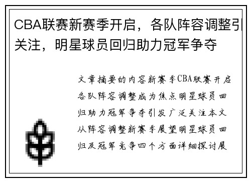 CBA联赛新赛季开启，各队阵容调整引关注，明星球员回归助力冠军争夺